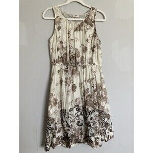 Lands End Canvas Sleeveless Dress 8 Floral Print Fit Flare Cotton Tea Cottage